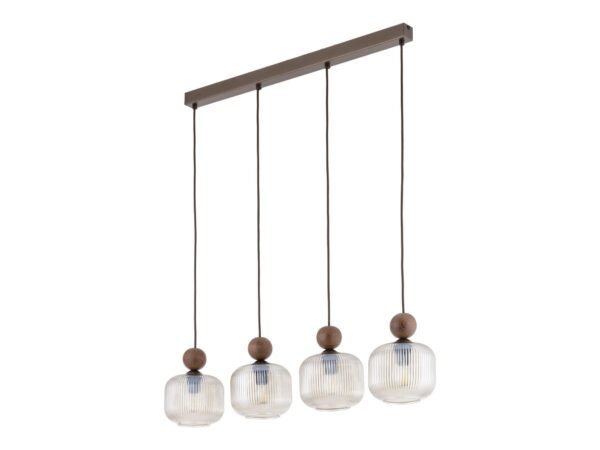 Lampa wisząca Ballo Listwa 4-punktowa z ryflowanymi szklanymi kloszami i detalami w kolorze orzecha na białym tle