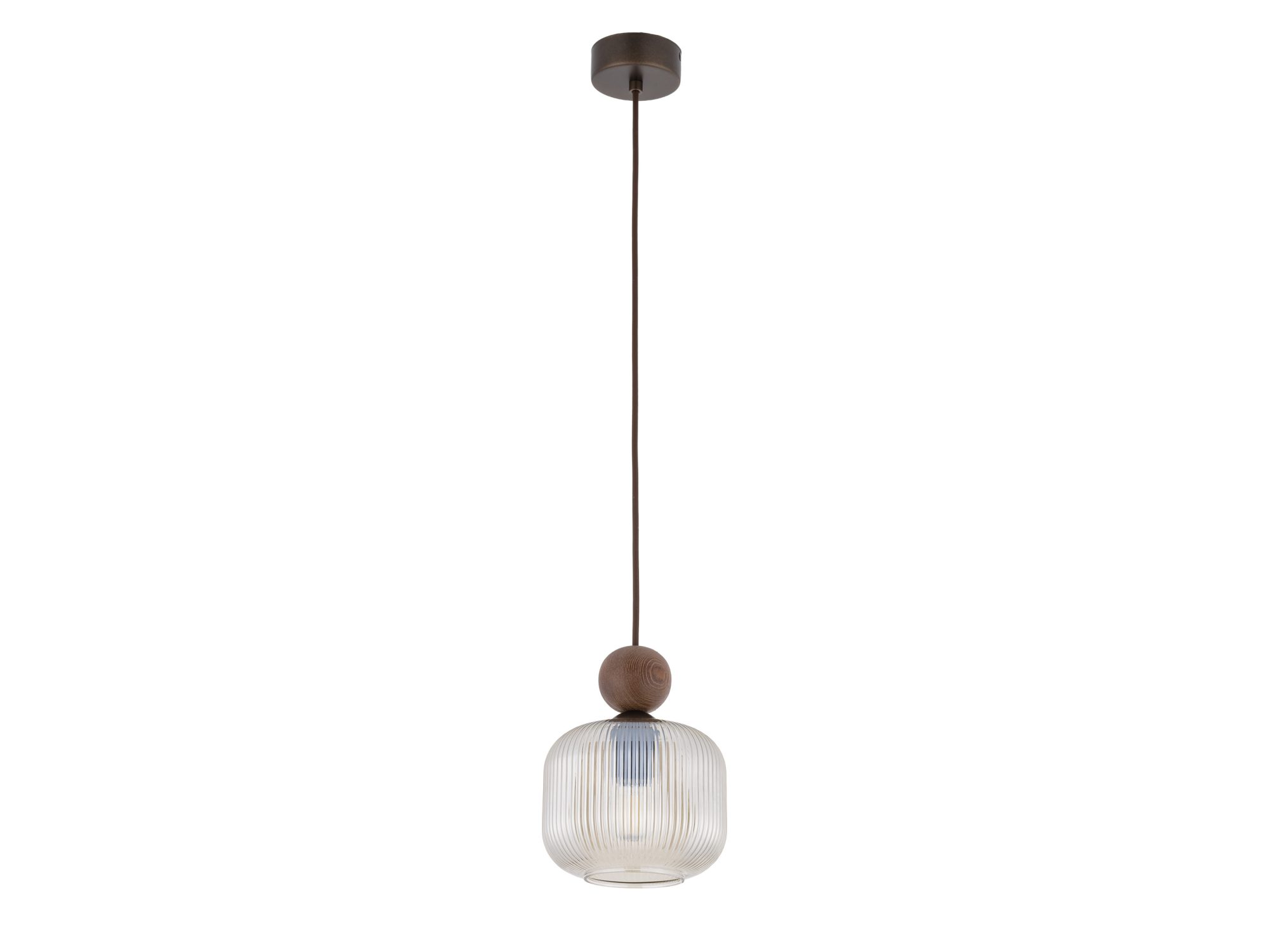 Lampa wisząca Ballo z koniakowym kloszem i drewnianym detalem w kolorze orzecha