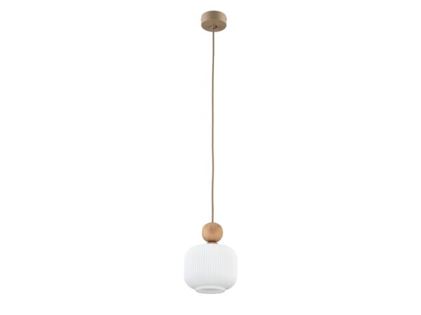Lampa wisząca Ballo z białym szklanym kloszem i piaskowym zawieszeniem