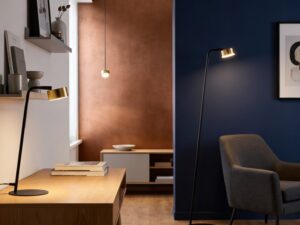 Miniaturka 2 - Lampa wisząca Bar 1 S w czarno-złotym wariancie we wnętrzu z innymi lampami kolekcji