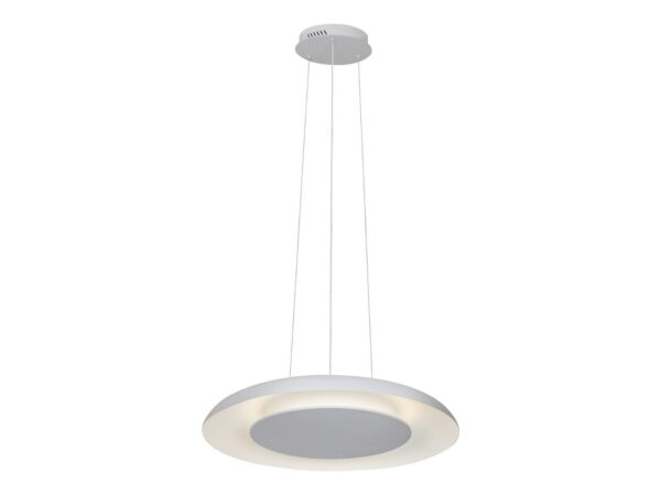 Cała biała lampa wisząca Belarano LED 30 W na białym tle, okrągła obręcz z podwieszeniem