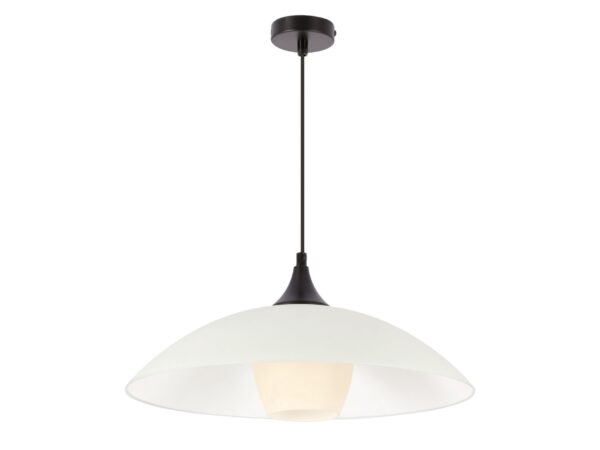 Lampa wisząca Belisena z szerokim białym kloszem i czarnym zawieszeniem
