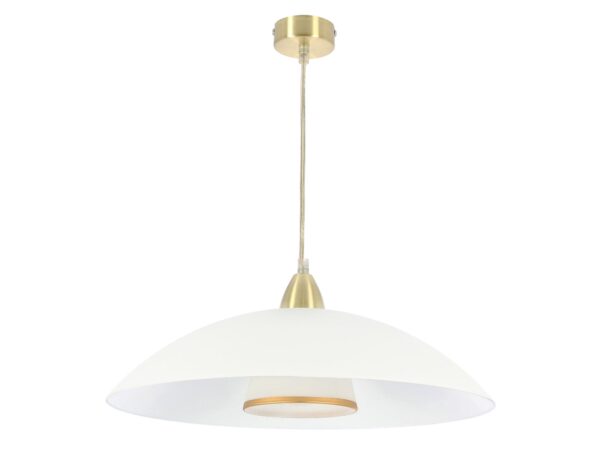 Lampa wisząca Belisena z białym kopułowym kloszem i satynowym złotym zawieszeniem