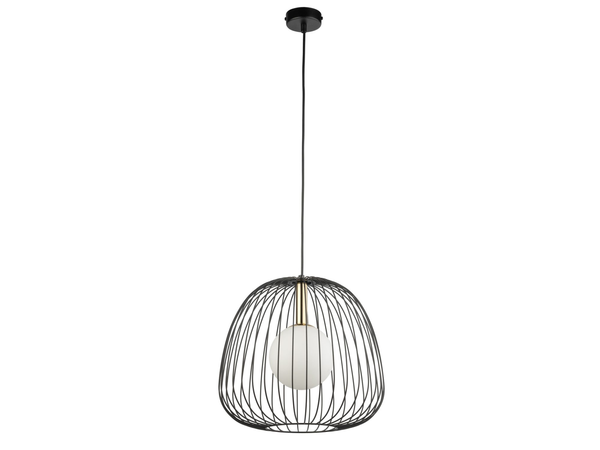 Lampa wisząca Bell 1 M czarno-złota z czarną drucianą osłoną i białą kulą, packshot