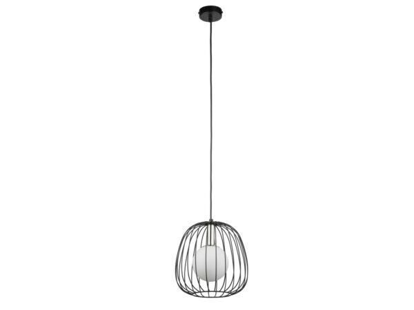 Lampa wisząca Bell 1 S czarno-srebrna z drucianą osłoną i białym szkłem