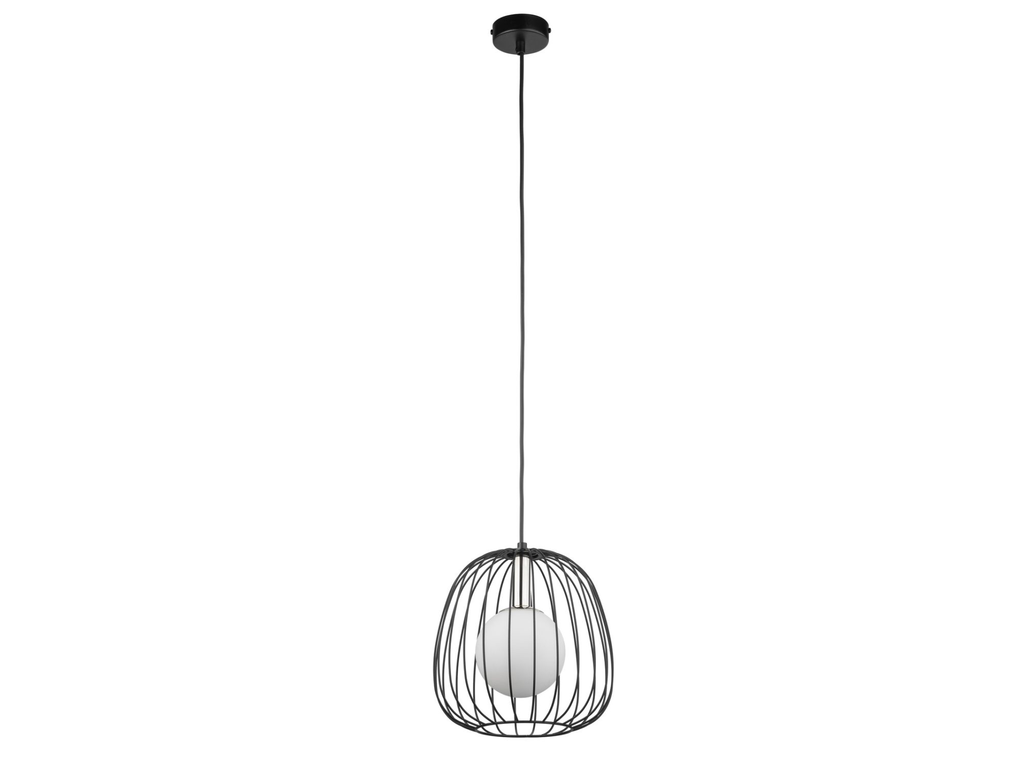 Lampa wisząca Bell 1 S czarno-srebrna z drucianą osłoną i białym szkłem