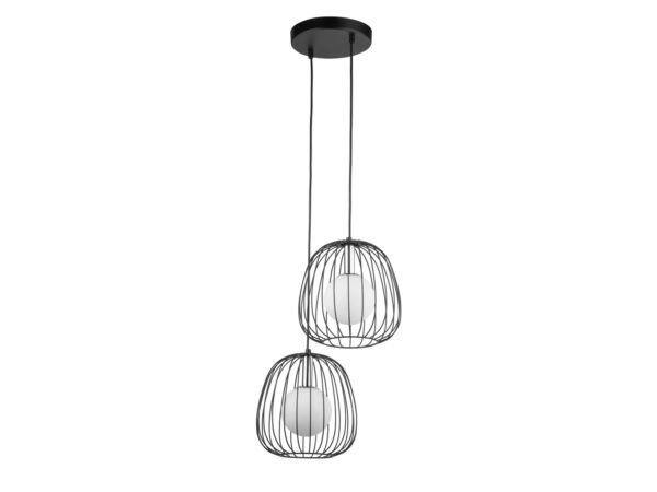 Lampa wisząca Bell 2 czarno-srebrna z dwoma drucianymi kloszami i białymi kulami