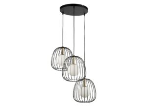 Miniaturka 2 - Lampa wisząca Bell 3 czarno-złota z trzema drucianymi kloszami i białym szkłem