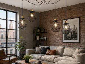 Miniaturka 1 - Czteropunktowa lampa Belosona nad sofą w salonie z ceglaną ścianą