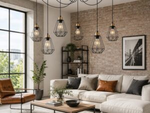 Miniaturka 1 - Sześciopunktowa lampa Belosona w salonie z cegłą i jasną sofą