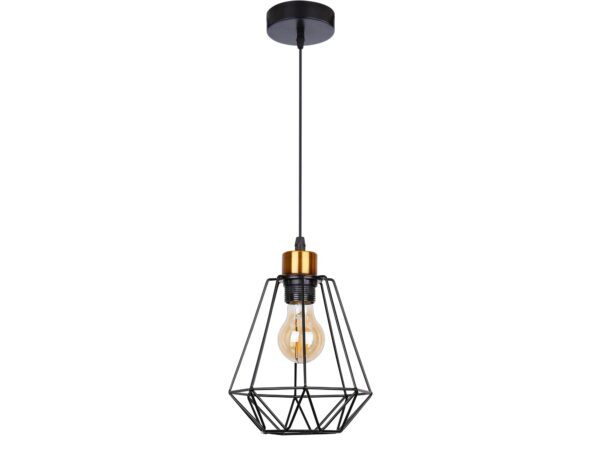 Lampa wisząca Belosona czarna z geometrycznym drucianym kloszem i złotym detalem