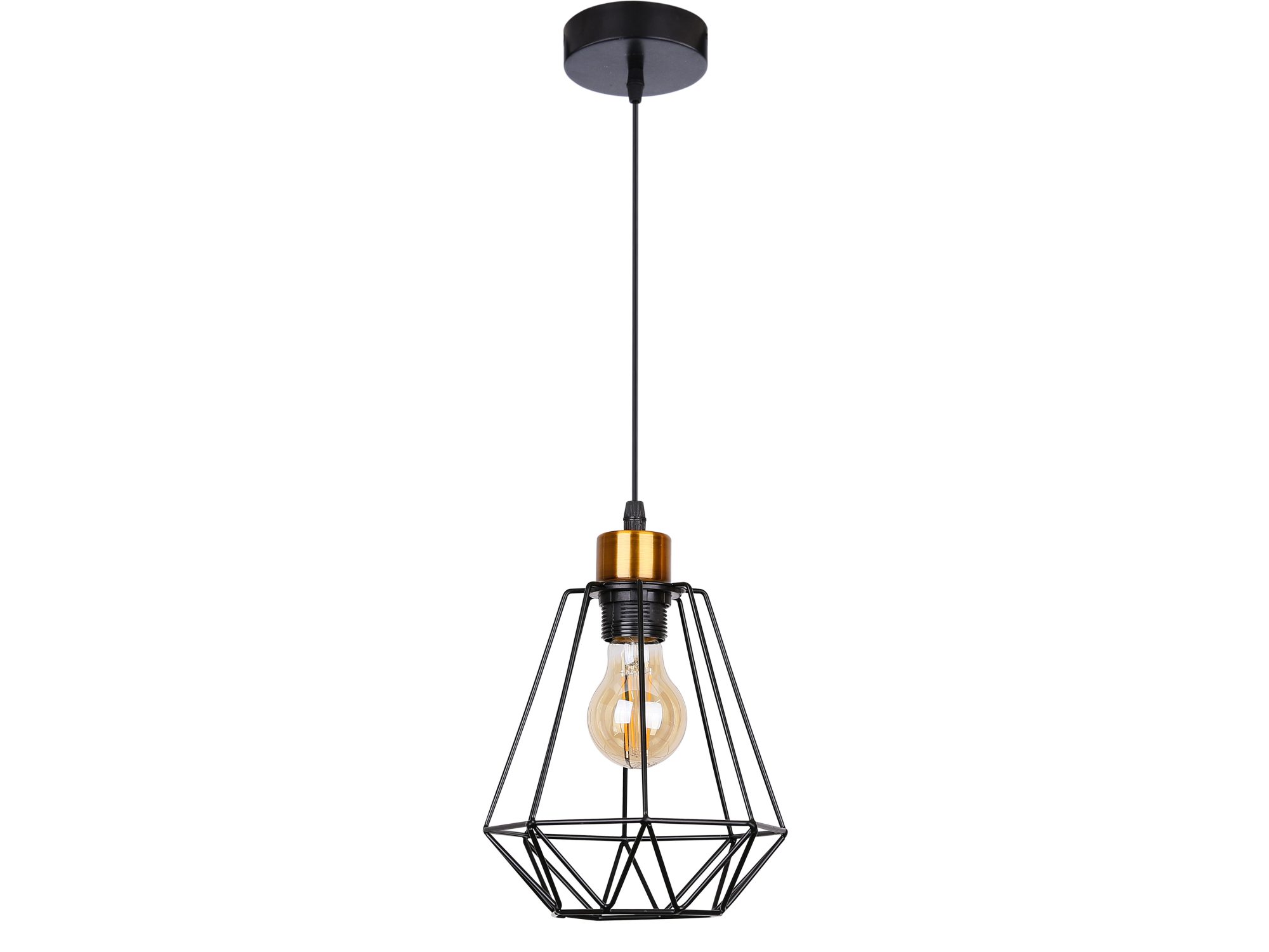 Lampa wisząca Belosona czarna z geometrycznym drucianym kloszem i złotym detalem