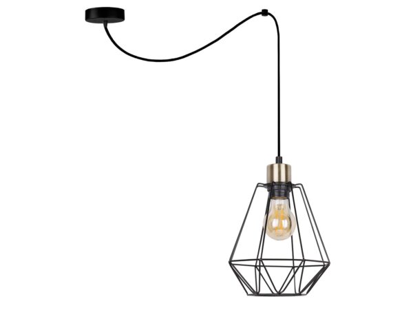 Lampa wisząca Belosona z czarnym drucianym kloszem i oprawką w patynie