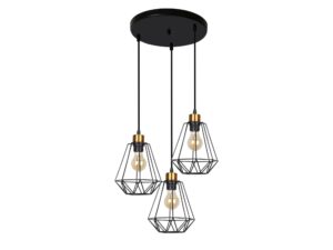 Miniaturka 2 - Lampa wisząca Belosona czarno-złota z trzema geometrycznymi kloszami drucianymi