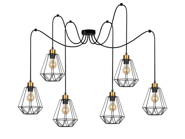 Lampa wisząca Belosona sześć czarnych kloszy ze złotymi oprawkami