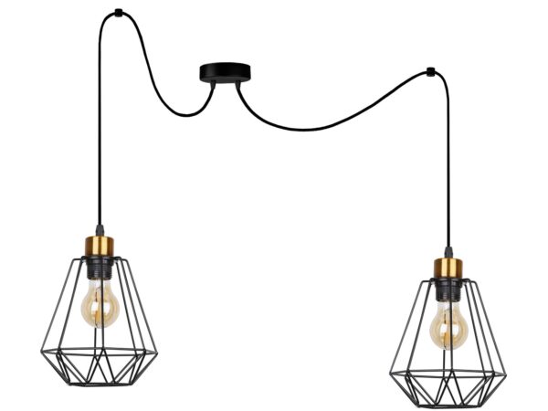 Lampa wisząca Belosona z dwoma czarnymi metalowymi kloszami ażurowymi i złotymi detalami oprawek