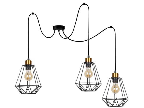 Lampa wisząca Belosona z trzema czarnymi ażurowymi kloszami ze stali i złotymi detalami