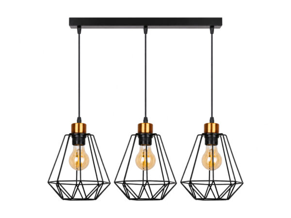 Lampa wisząca Belosona z trzema czarnymi ażurowymi kloszami i złotymi detalami