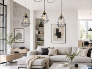 Miniaturka 1 - Trójpunktowa lampa wisząca Belosona z czarnymi kloszami na różnych wysokościach w salonie