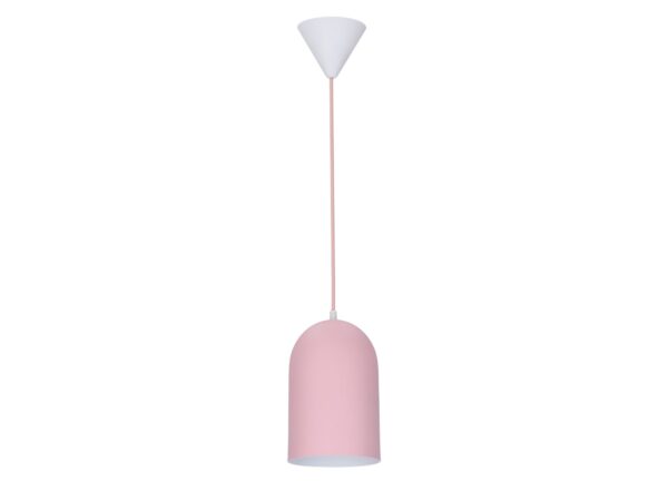 Lampa wisząca Berasona z różowym owalnym kloszem na białym tle