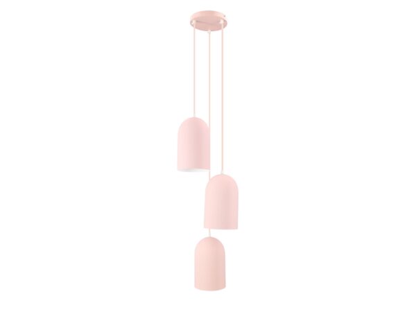 Lampa wisząca Berasona z trzema różowymi cylindrycznymi kloszami zawieszonymi na różnych wysokościach