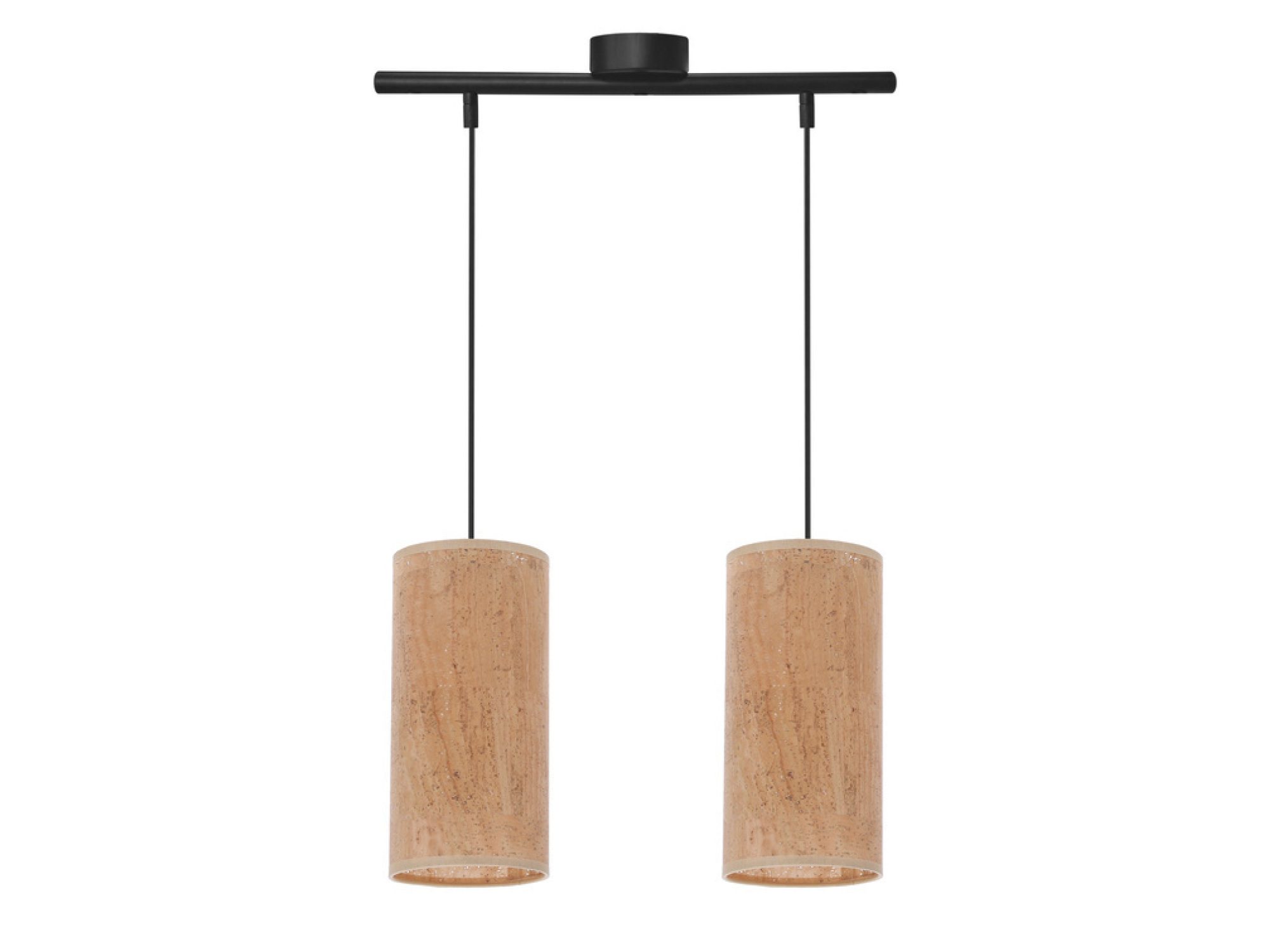 Lampa wisząca Beredano z dwoma korkowymi abażurami na czarnej belce