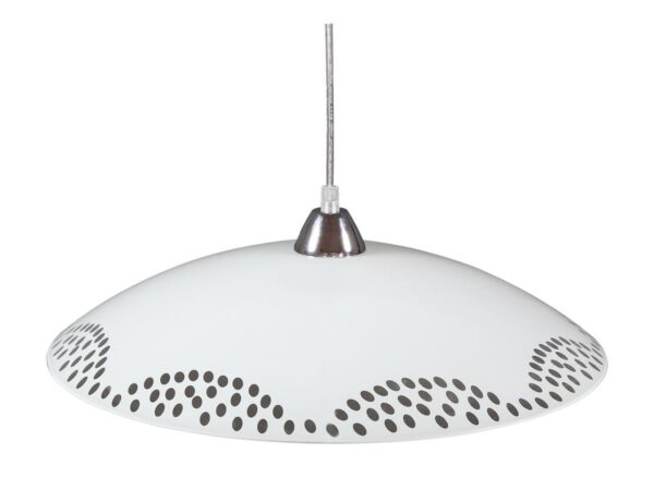 Lampa wisząca Beretira z szerokim białym kloszem i wzorem kropek