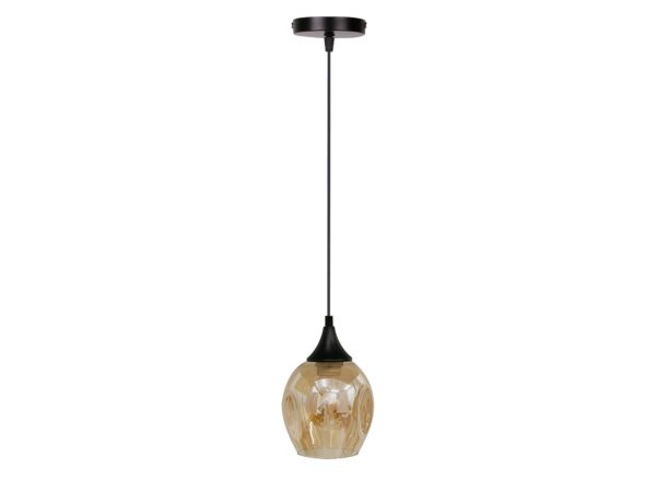 Lampa wisząca Berevia jednopunktowa, czarny stelaż i brązowy szklany klosz na białym tle