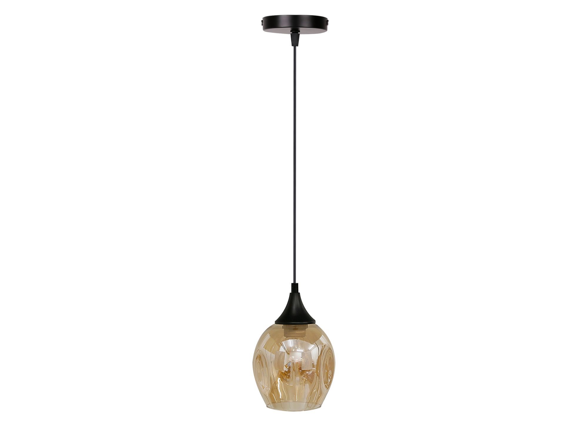 Lampa wisząca Berevia jednopunktowa, czarny stelaż i brązowy szklany klosz na białym tle