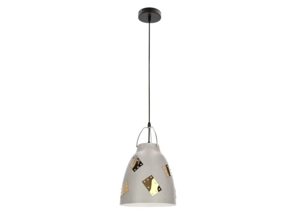 Lampa wisząca Berino z szarym metalowym kloszem i złotymi łatami.