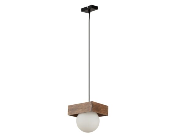 Lampa wisząca Bloom 1 z brązowym elementem ze sklejki i białą szklaną kulą, pełny widok na białym tle