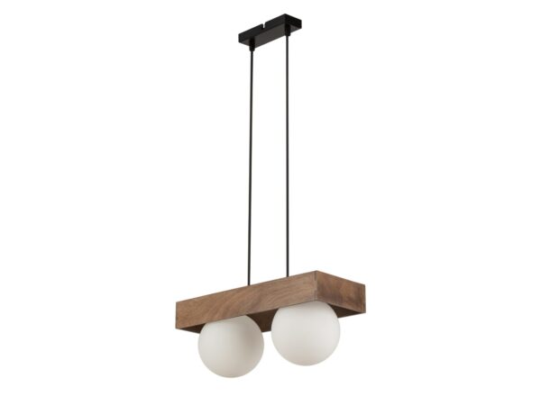 Lampa wisząca Bloom 2 z czarno-brązowym korpusem i dwoma białymi szklanymi kloszami