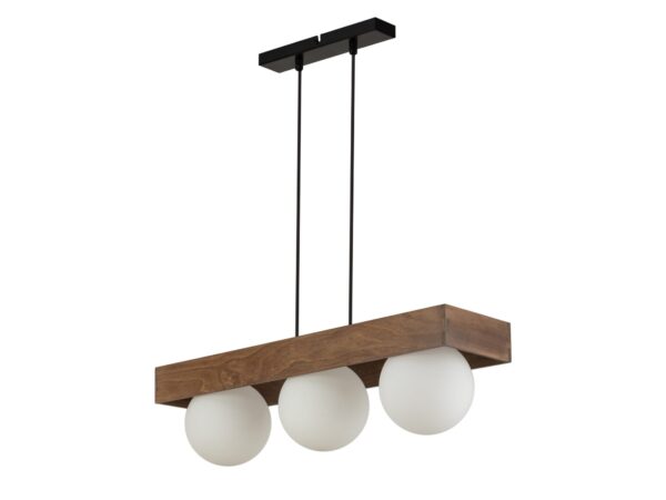 Lampa wisząca Bloom 3 z brązową drewnianą belką i trzema białymi szklanymi kulami