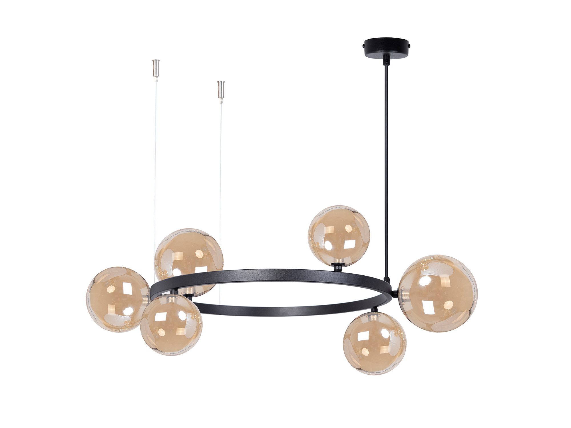 Lampa wisząca Bolero 6 z bursztynowymi szklanymi kulami i czarnym korpusem.