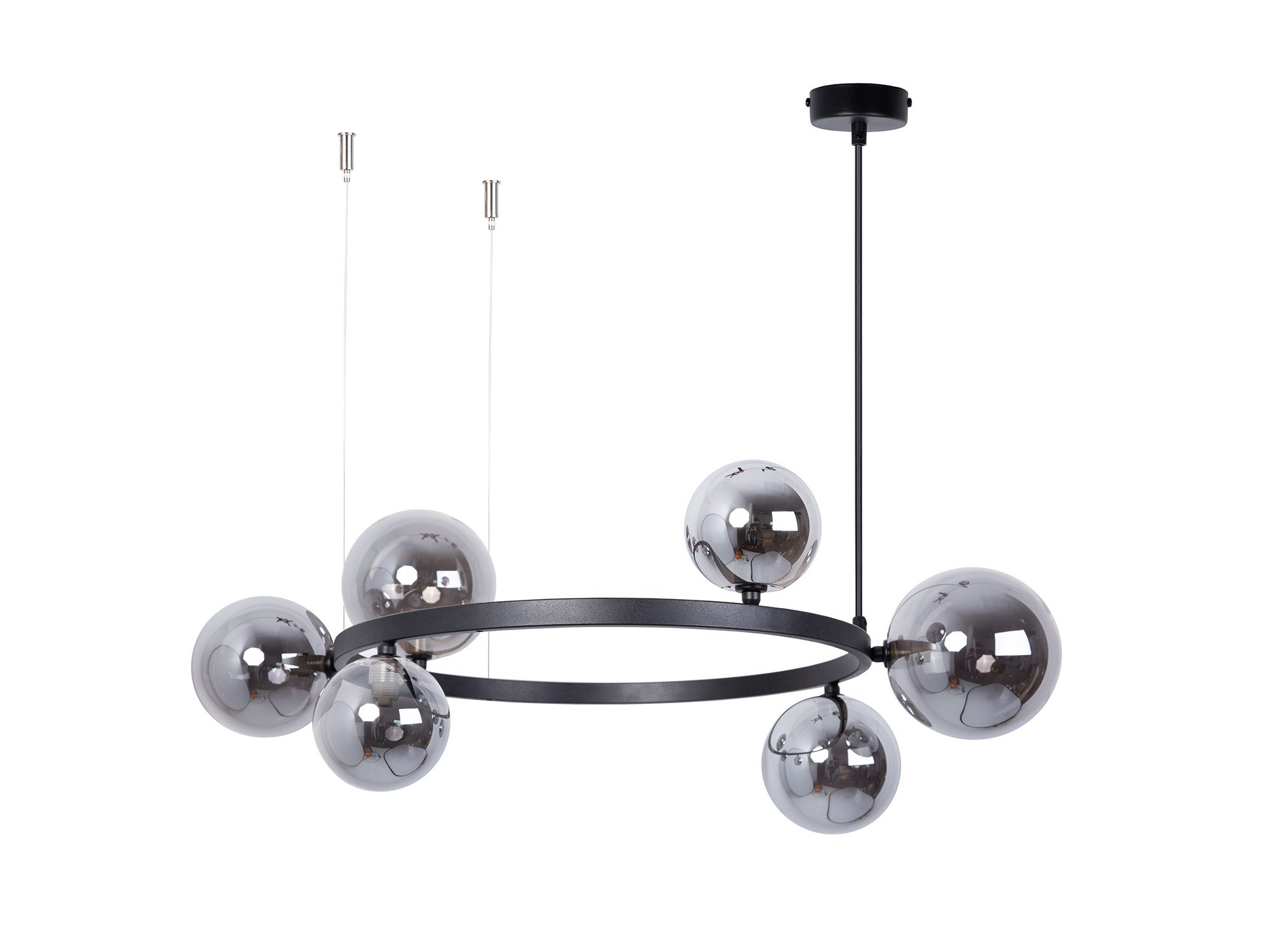 Lampa wisząca Bolero 6 z grafitowymi szklanymi kloszami na jasnym tle.