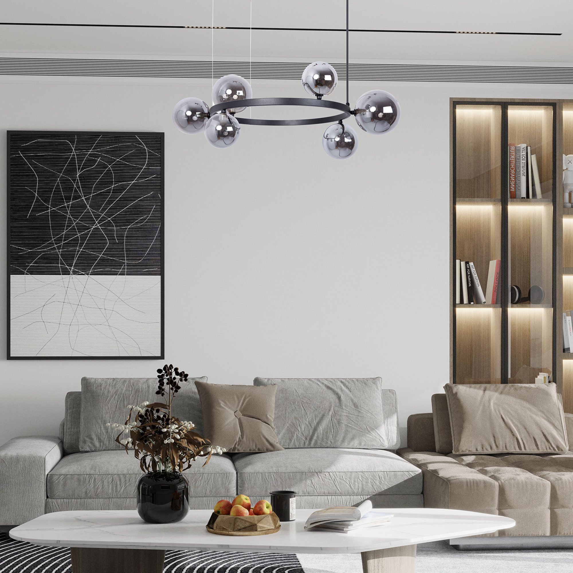 Lampa wisząca Bolero 6 z grafitowymi kloszami w aranżacji salonu.