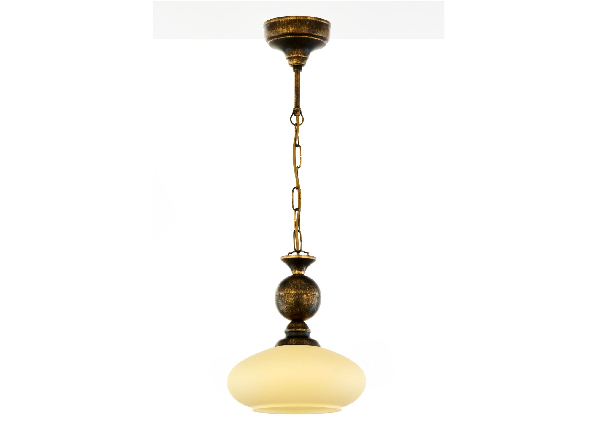 Lampa wisząca Bolero czarna ze złotą patyną i jasnym szklanym kloszem na białym tle