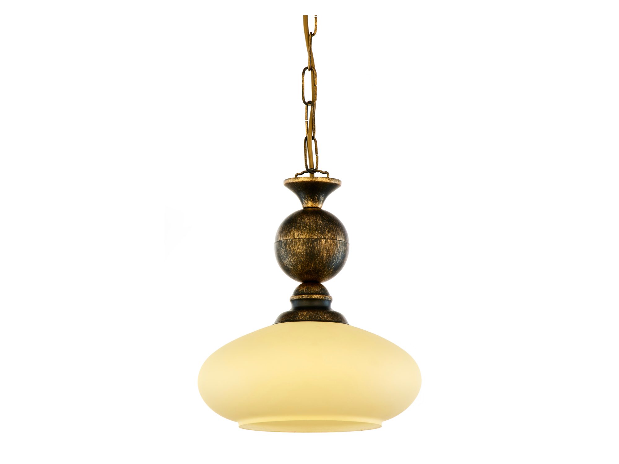 Lampa wisząca Bolero – detal jasnego szklanego klosza i patynowanego stelaża