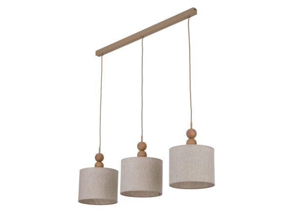 Lampa wisząca Bolla 3-punktowa z lnianymi abażurami i jasnym drewnem na białym tle