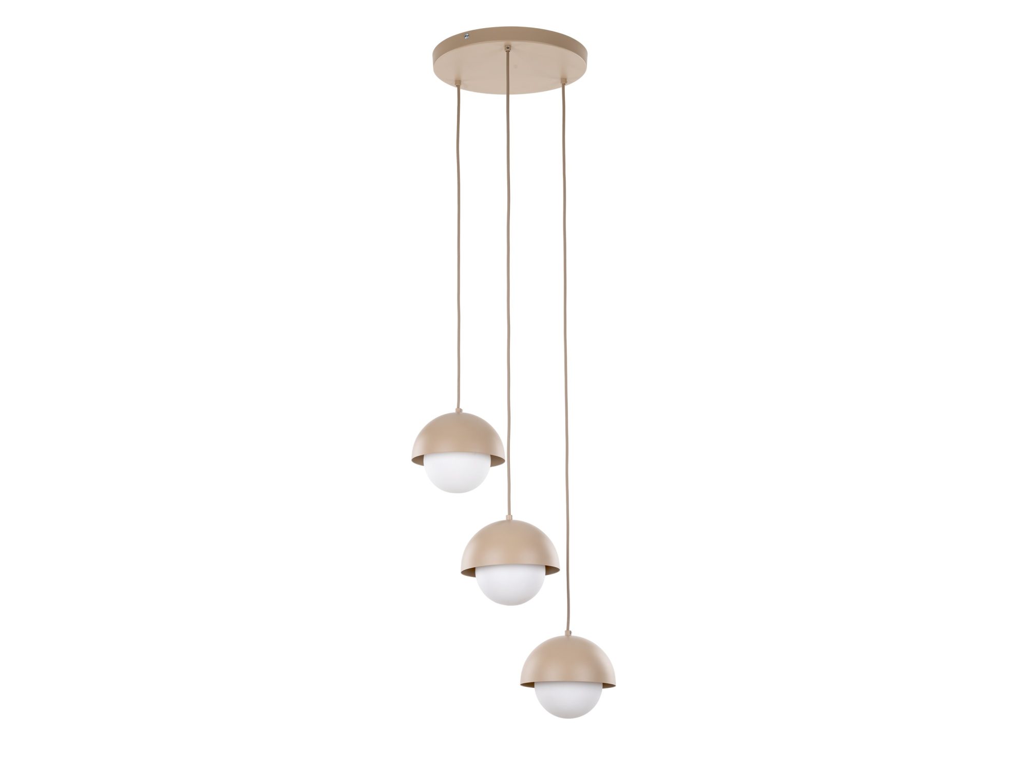 Lampa wisząca Bono 3-punktowa piaskowy beż z białymi szklanymi kloszami na białym tle