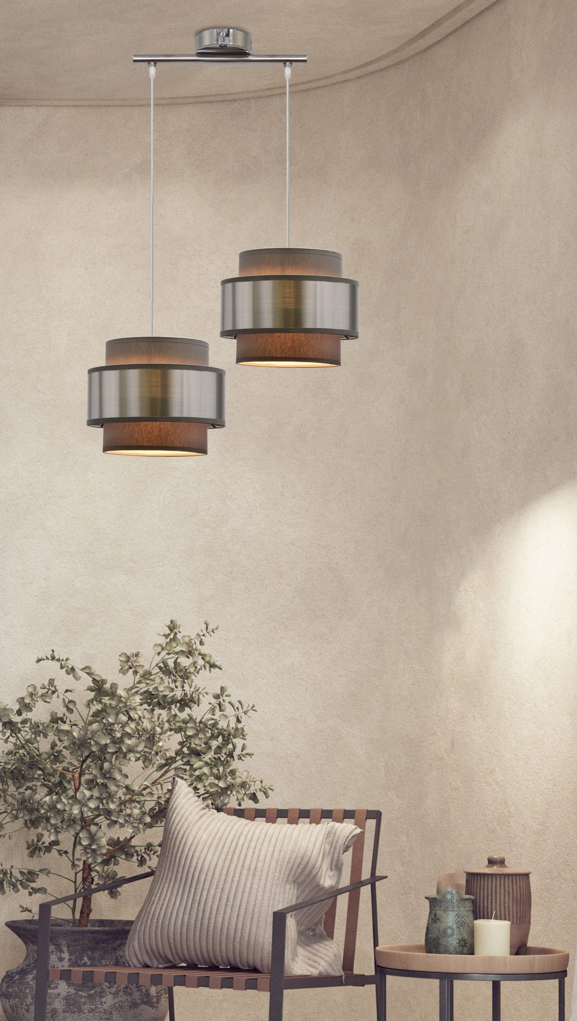 Calatena – lampa wisząca z dwoma szarymi abażurami w aranżacji