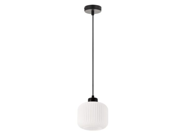Lampa wisząca Calera z białym ryflowanym szklanym kloszem i czarnym zawieszeniem