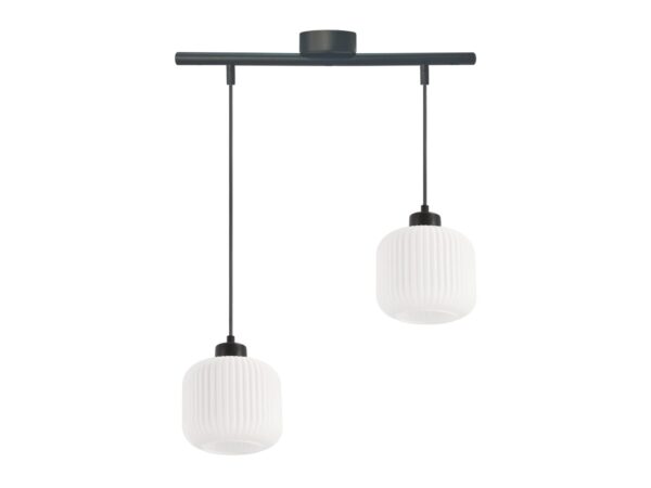 Lampa wisząca Calera czarna z dwoma białymi ryflowanymi kloszami
