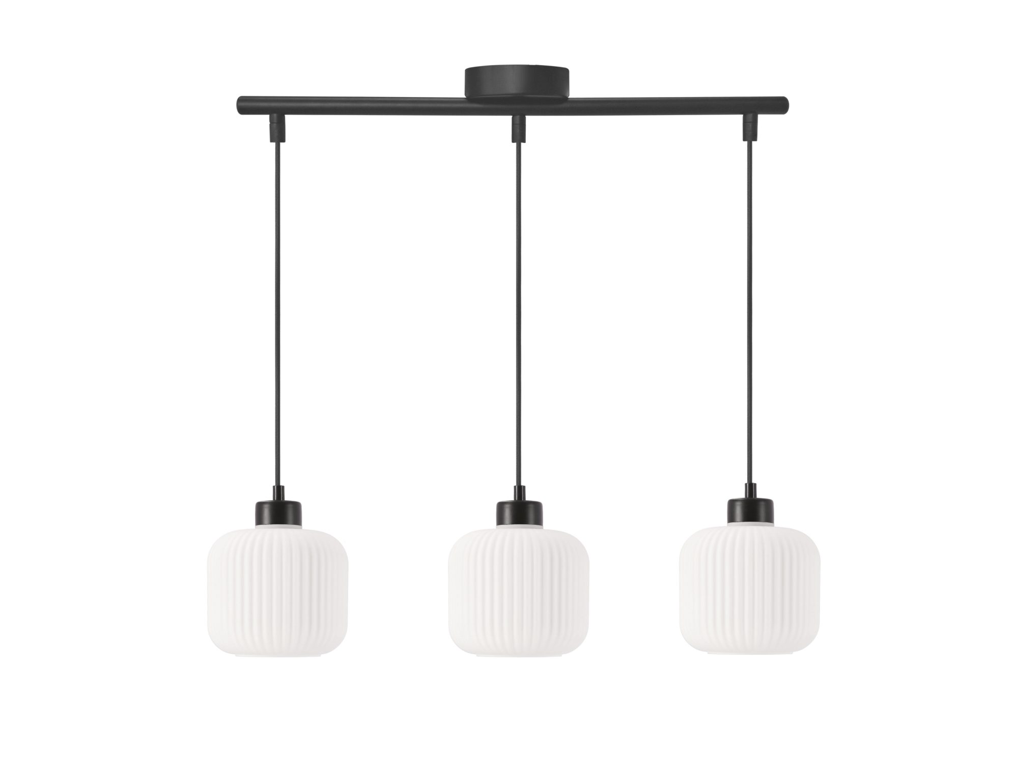 Lampa wisząca Calera z trzema białymi ryflowanymi kloszami