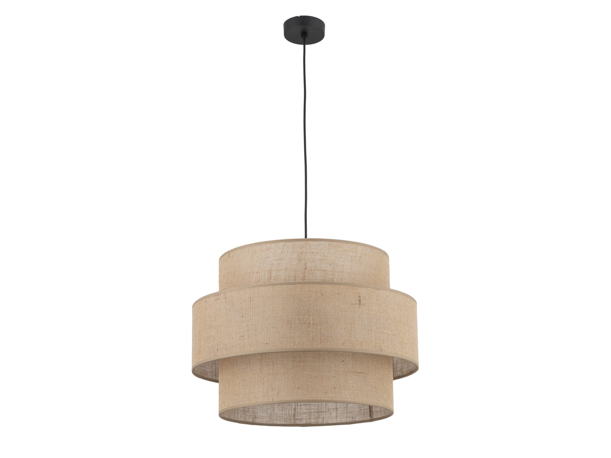 Lampa wisząca Calisto z trzema abażurami z juty na białym tle
