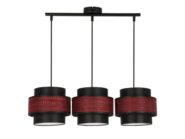 Lampa wisząca Camanira trzy czarno-bordowe abażury na belce