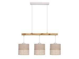 Miniaturka 2 - Lampa wisząca Camovano z trzema beżowymi abażurami pod belką w dekorze drewna.