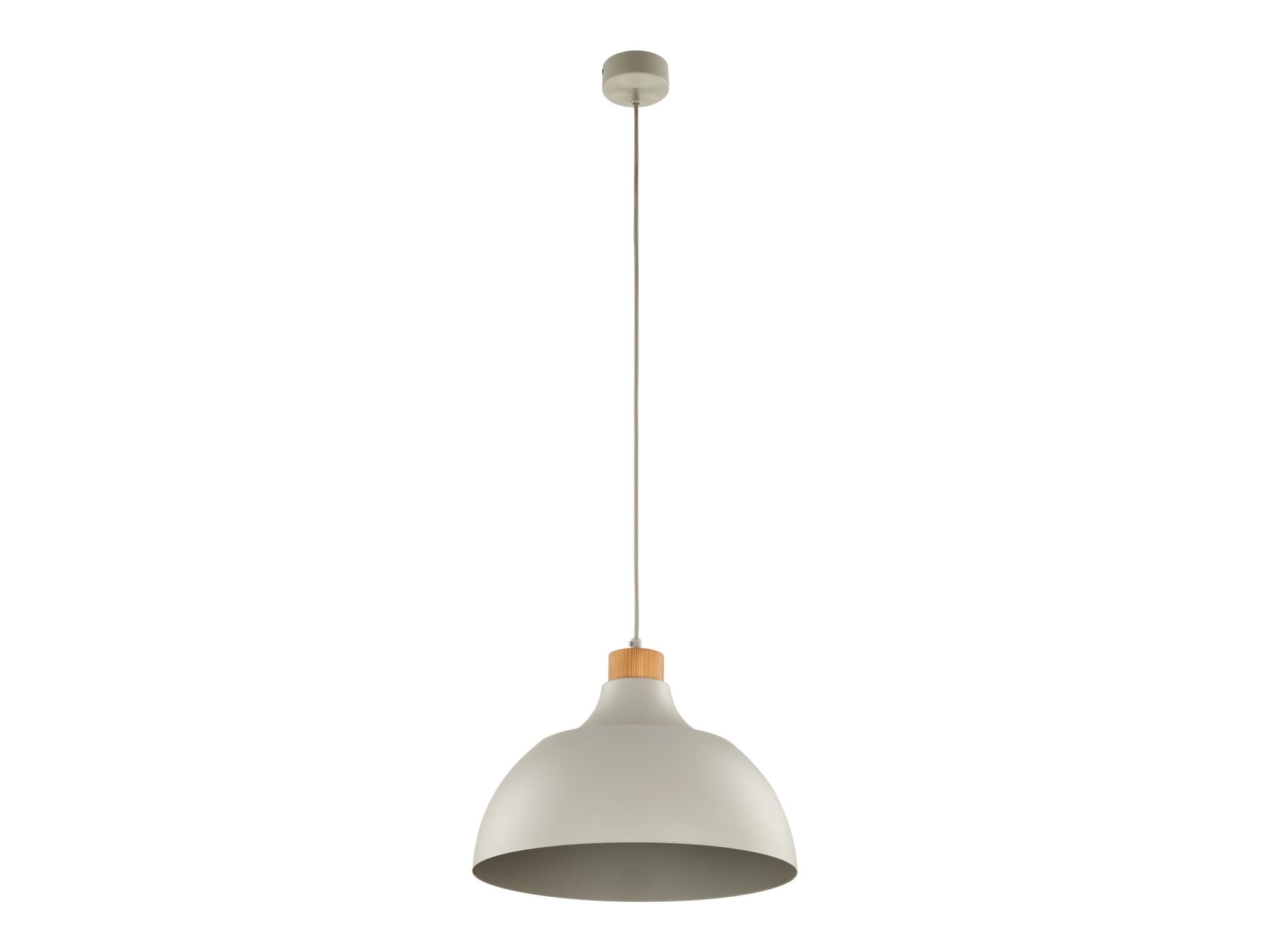 Beżowa lampa wisząca Cap z metalowym kloszem i drewnianym detalem na białym tle
