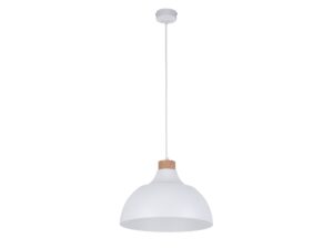 Miniaturka 5 - Biała lampa wisząca Cap z metalowym kloszem i drewnianym detalem na białym tle