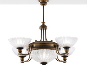 Miniaturka 1 - Lampa wisząca Carmen w antycznym mosiądzu z pięcioma szklanymi kloszami na białym tle